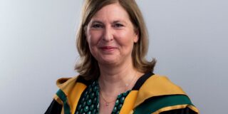 A headshot of a woman with shoulder length light brown hair, against a grey background. She is wearing the yellow and green robes of the Royal Irish Academy.