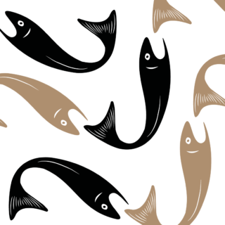 Black and gold salmon designs on a white background.