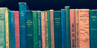 A shelf of books with spines of various colours visible